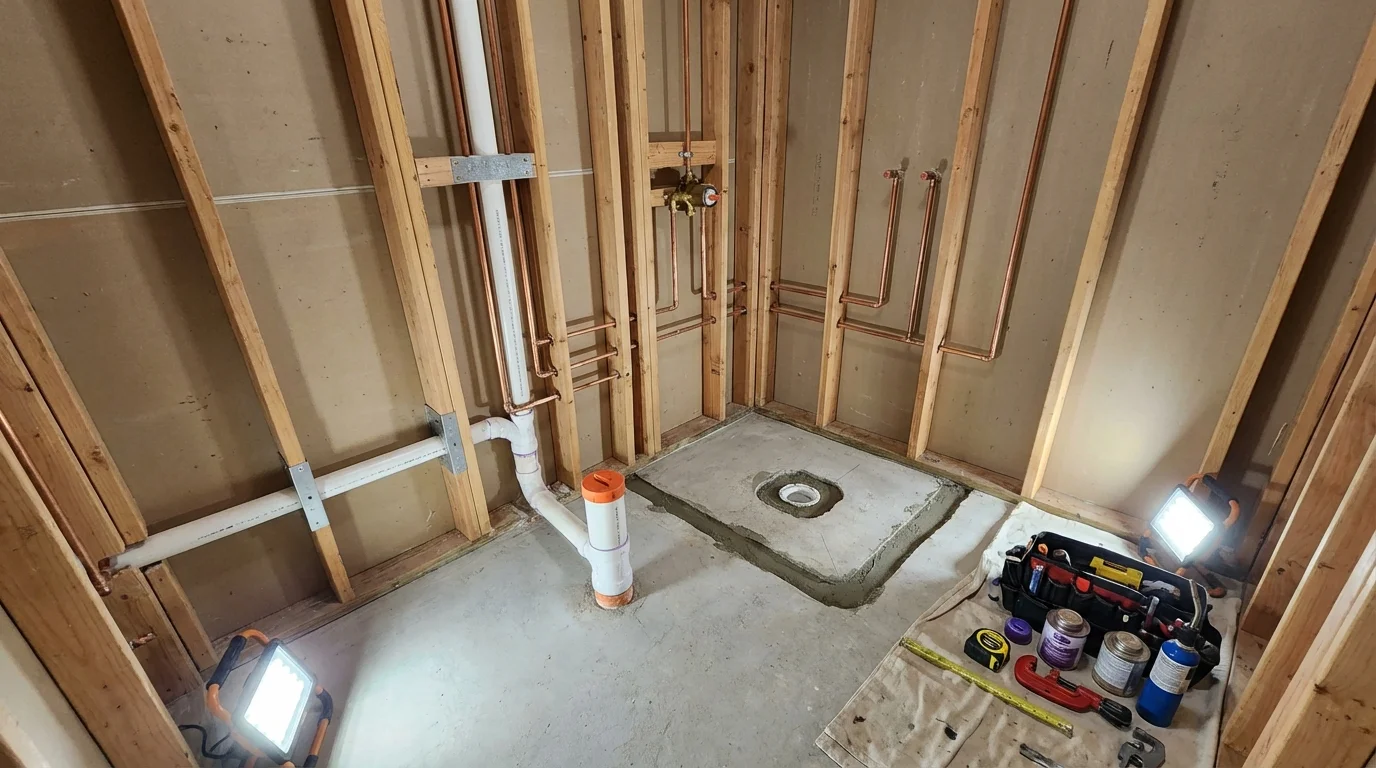 Bathroom rough-in plumbing during remodel by Johns Plumbing LLC in Takoma Park