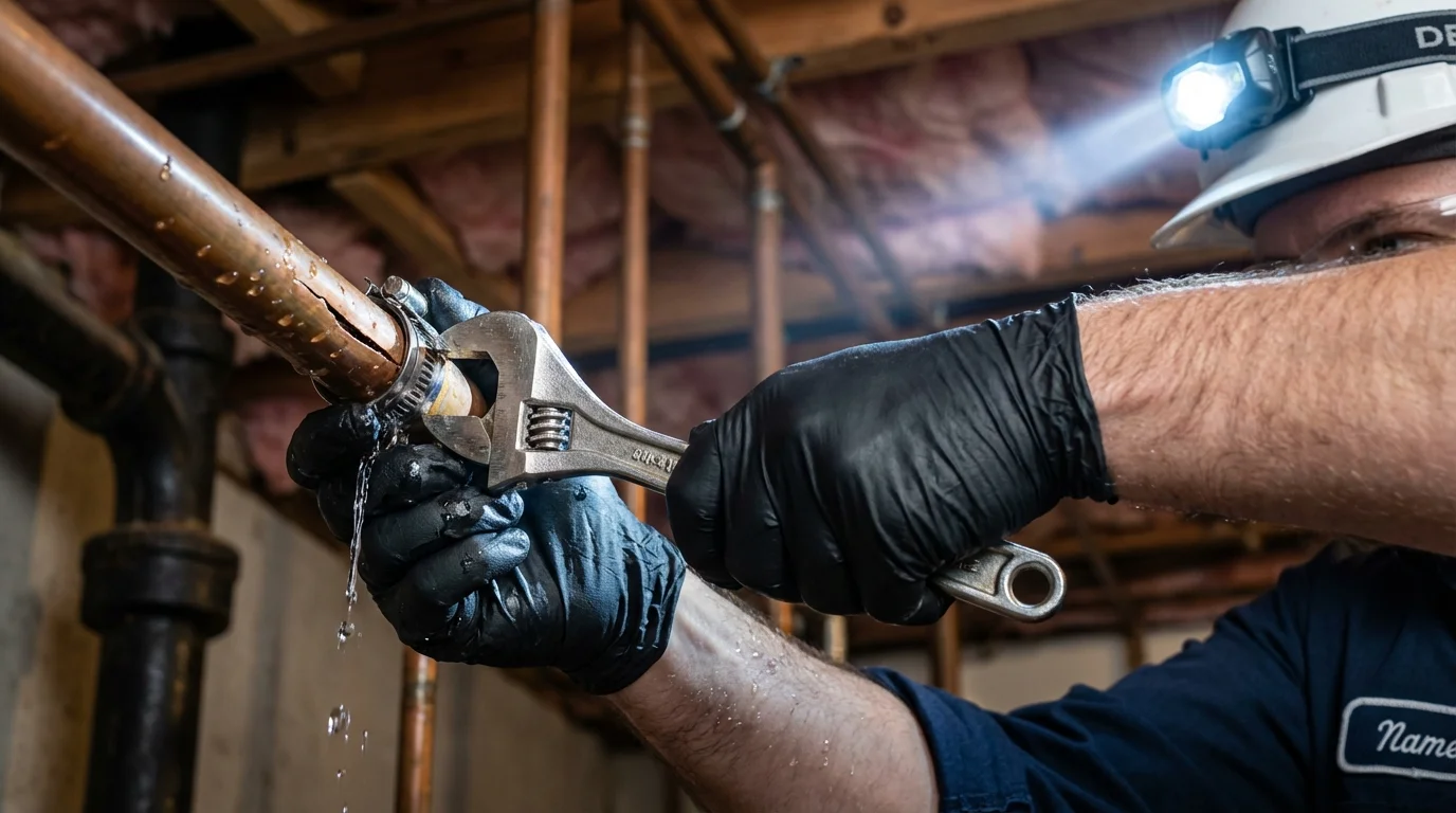 Emergency pipe clamp repair being performed by a Johns Plumbing LLC plumber in Takoma Park