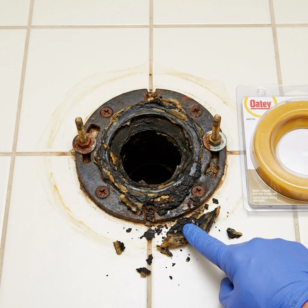 Failed wax ring showing water seepage at the base of a toilet in a Takoma Park, MD home