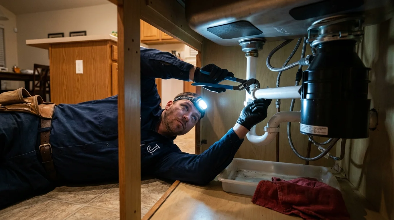 P-trap and supply line connections under a kitchen sink showing a common leak point in Takoma Park, MD